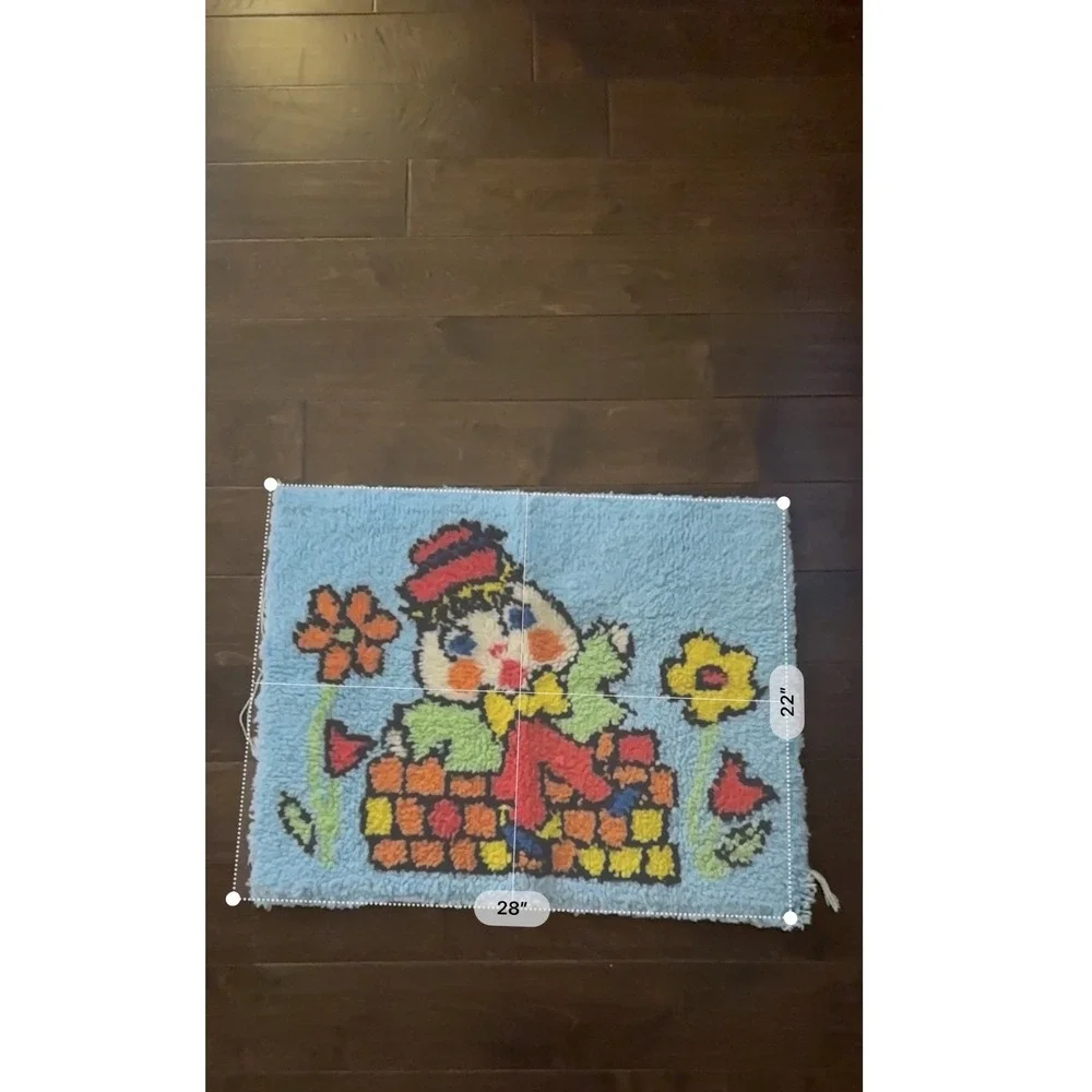 Vintage Latch Hook Humpty Dumpty Shag Rug Wall Hanging Blue 28x22 Retro